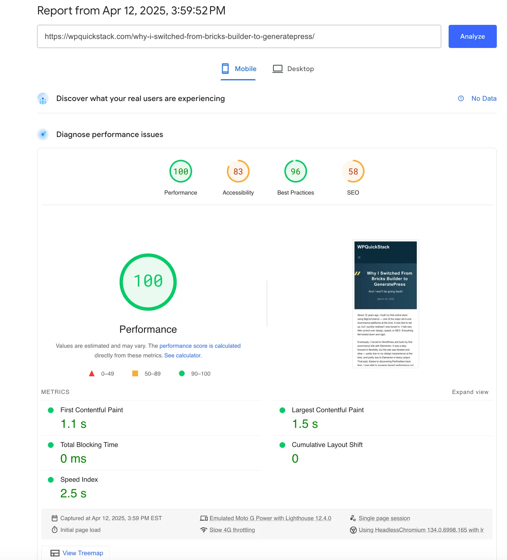 Image of a Page Speed Test result show a score 0f 100