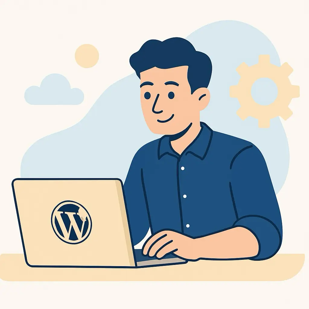 Flat-style illustration of a person working at a desk with a modern web layout, representing simplicity and focus